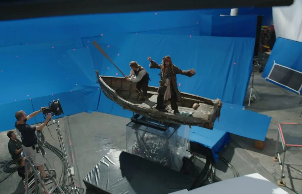 Johnny Depp as Capt Jack Sparrow on blue screen.